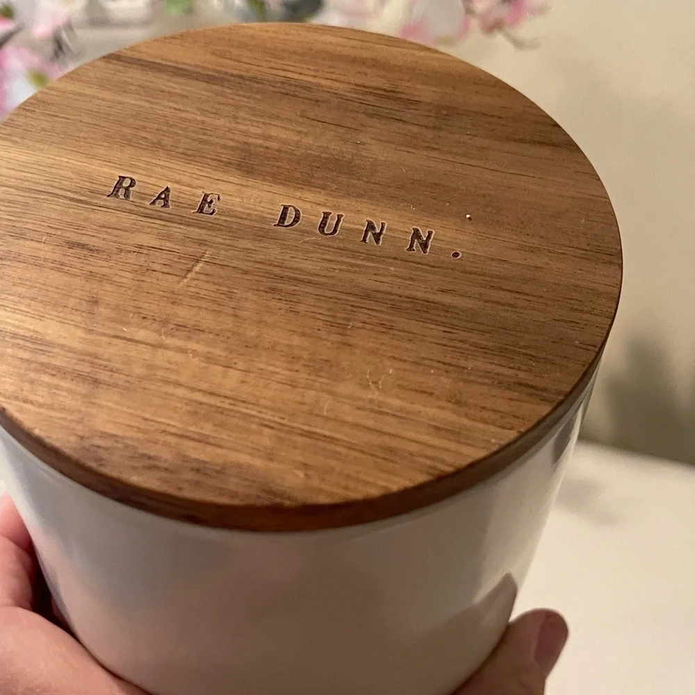 NWT, Rae Dunn, Ceramic Canister with wooden lid. “Hop Into Spring”